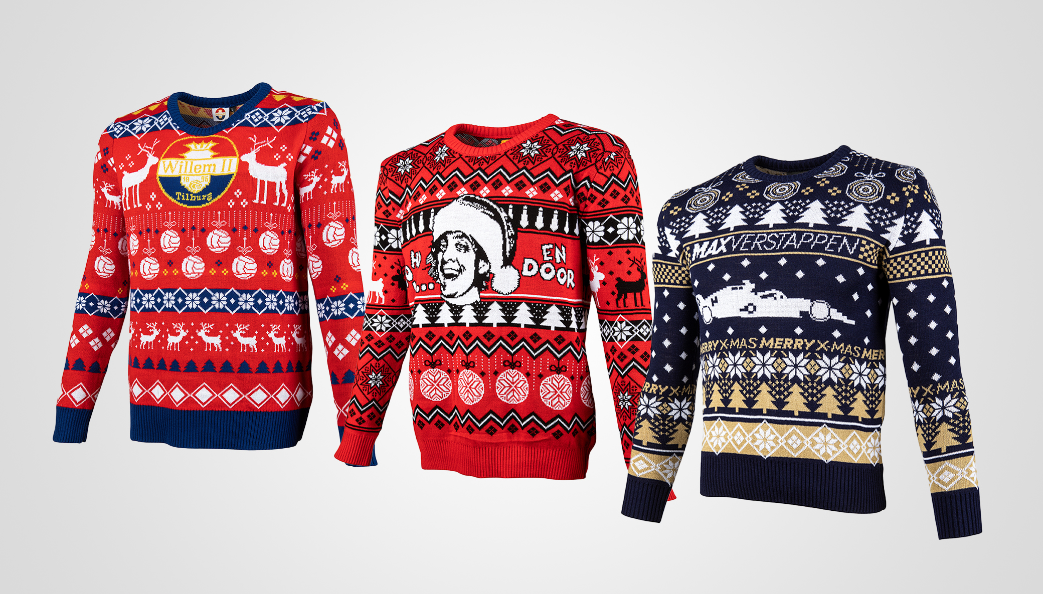 Drie custom kersttruien op een rij